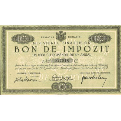 Regatul Romaniei Ministerul Finantelor (Bon de Impozit 1000 Lei 4%)