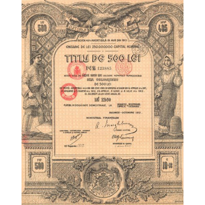 Datoria Publica a Romaniei - Renta 4 1/2 % Amortibila in Aur din 1913 (Titlu 500 Lei)