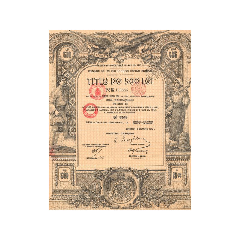Datoria Publica a Romaniei - Renta 4 1/2 % Amortibila in Aur din 1913 (Titlu 500 Lei)