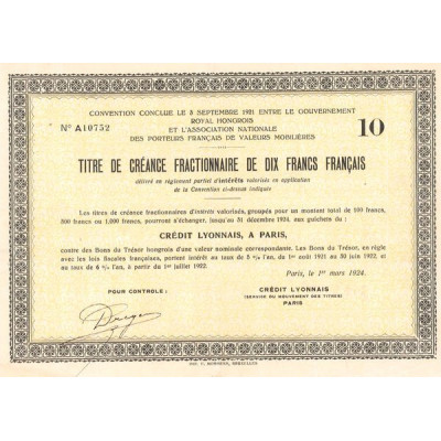 Convention Conclue le 3 septembre 1921 entre le Gouvernement Royal Hongrois et l'Association Nationale des Porteurs Français de 