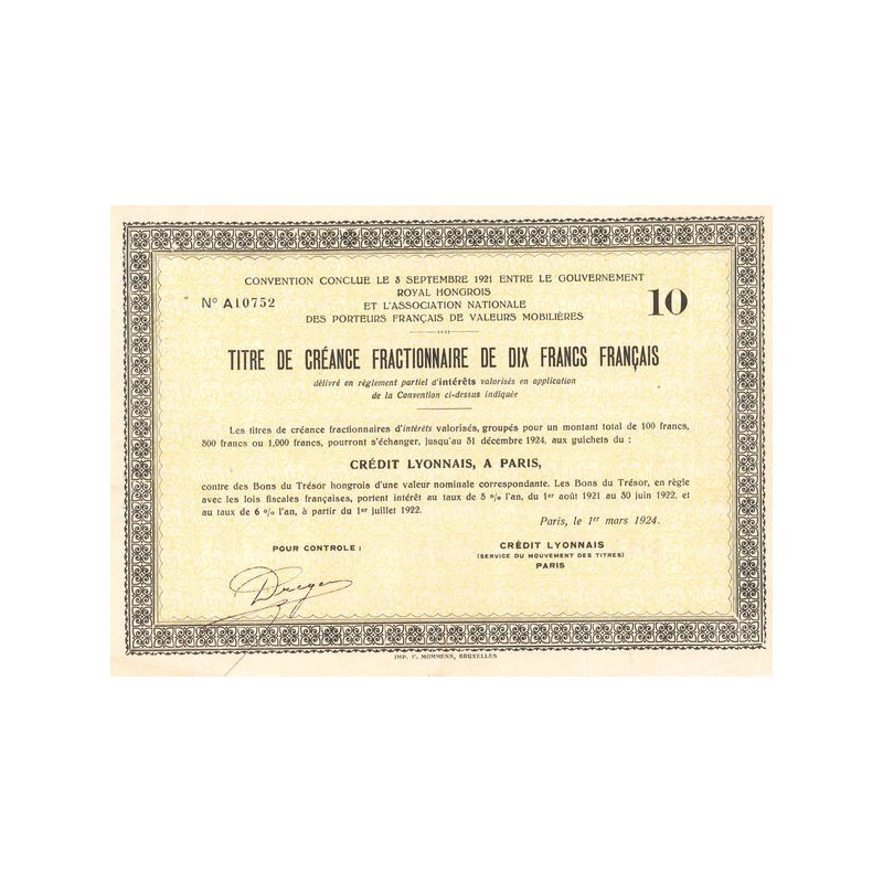 Convention Conclue le 3 septembre 1921 entre le Gouvernement Royal Hongrois et l'Association Nationale des Porteurs Français de 