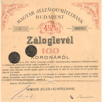 Magyar Jelzàlog-Hitelbank Budapest 4% 1/2 Zaloglevél (Act 100 K)
