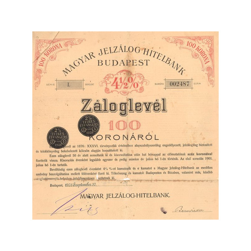 Magyar Jelzàlog-Hitelbank Budapest 4% 1/2 Zaloglevél (Act 100 K)