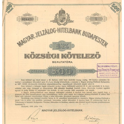 Magyar Jelzàlog-Hitelbank Budapest 3% 1/2 Kozségi Kotelezo (Act 500 K)