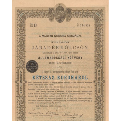 A Magyar Korona Orszagai 4% Jaradékkölcsön (Lettre B) - (Act 200 K)