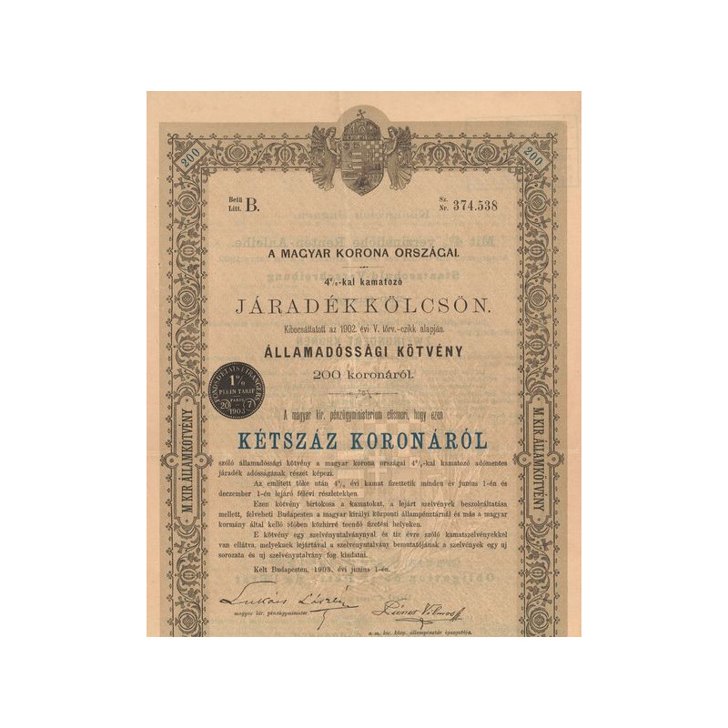 A Magyar Korona Orszagai 4% Jaradékkölcsön (Lettre B) - (Act 200 K)
