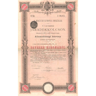 A Magyar Korona Orszagai 3%1/2 Jaradékkölcsön (Lettre D) - (Act 1000 K)