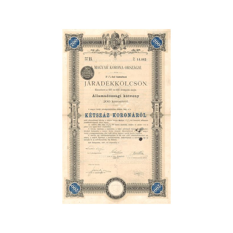 A Magyar Korona Orszagai 3%1/2 Jaradékkölcsön (Lettre B) - (Act 200 K)