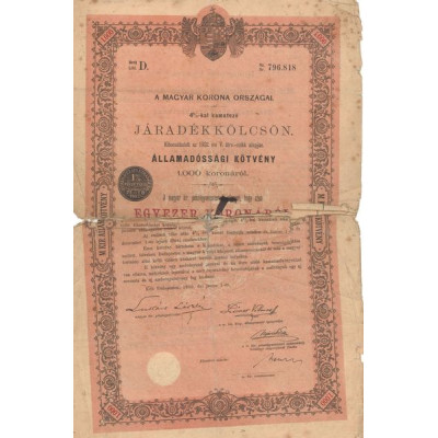 A Magyar Korona Orszagai 4% Jaradékkölcsön (Lettre D) - (Act 1000 K)