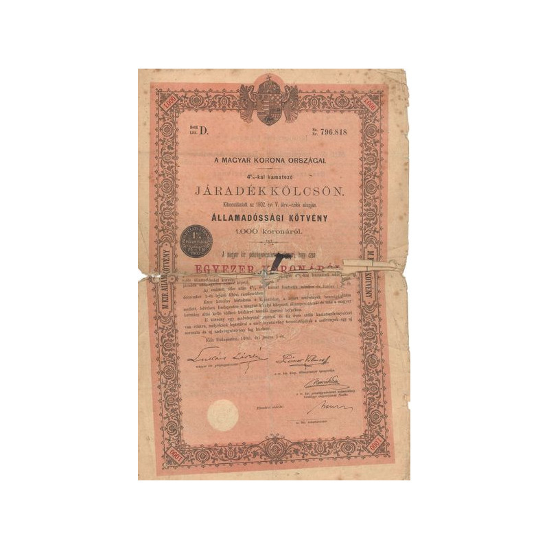 A Magyar Korona Orszagai 4% Jaradékkölcsön (Lettre D) - (Act 1000 K)