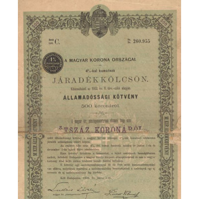 A Magyar Korona Orszagai 4% Jaradékkölcsön (Lettre C) - (Act 500 K)