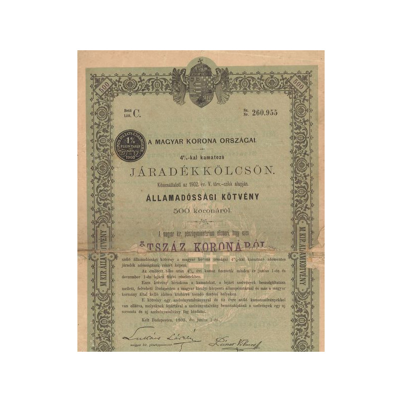 A Magyar Korona Orszagai 4% Jaradékkölcsön (Lettre C) - (Act 500 K)