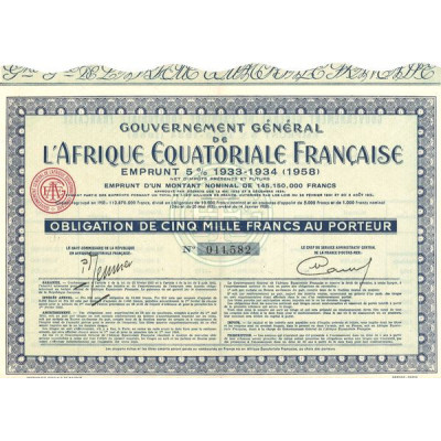 Gvt Général de l'Afrique Equatoriale Française - Emprunt 5 % 1933-1934 (1958) (Obl 5000 F)