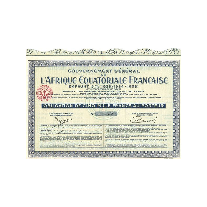 Gvt Général de l'Afrique Equatoriale Française - Emprunt 5 % 1933-1934 (1958) (Obl 5000 F)