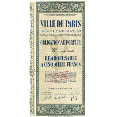 Ville de Paris Emprunt à lots 3% 1/2 1942 (Obl Remboursable 5000 F)