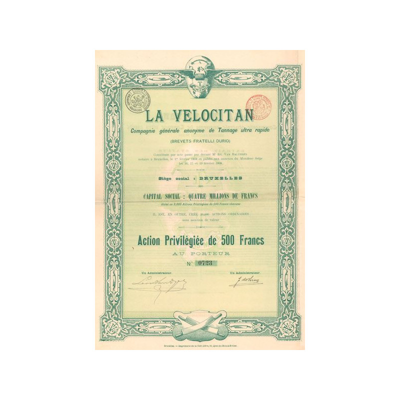 La Velocitan - Cie Gale Anonyme de Tannage Ultra Rapide (Brevets Fratelli Durio)(Act Priv 500 F)