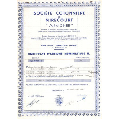 Sté Cotonnière de Mirecourt "L'Araignée" (Certif d'Act Nomin O)