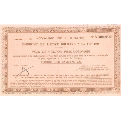Emprunt de l'Etat Bulgare 5 % Or 1904 (rouge)(reçu)