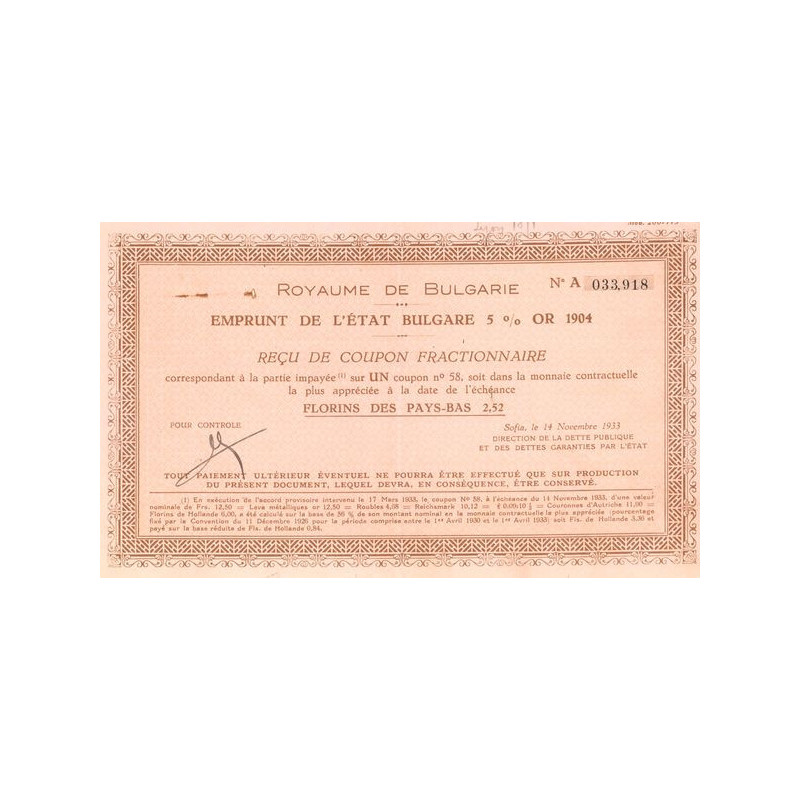 Emprunt de l'Etat Bulgare 5 % Or 1904 (rouge)(reçu)