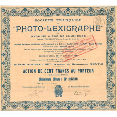 Sté Française du Photo-Lexigraphe ou Machine à Ecrire Lumineuse (Act 100 F)