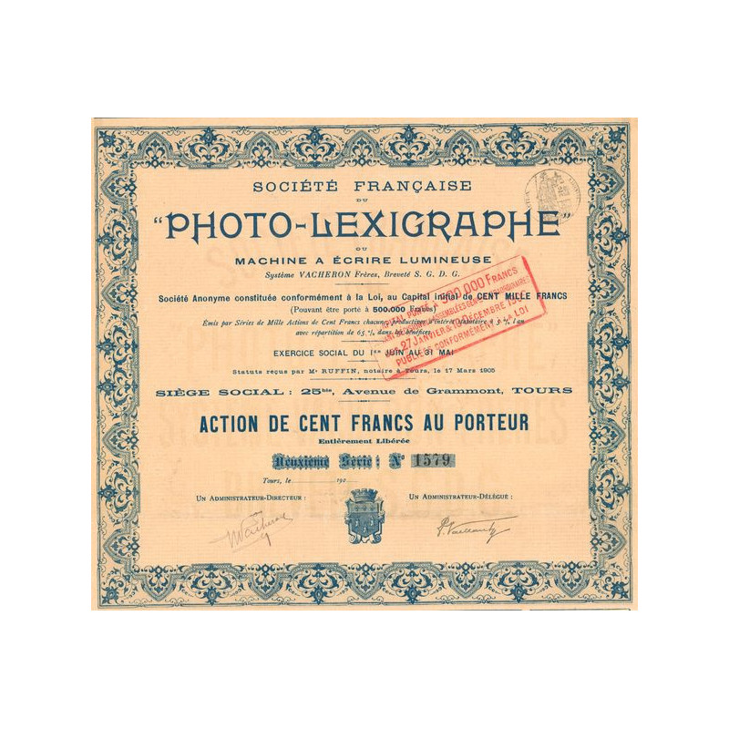 Sté Française du Photo-Lexigraphe ou Machine à Ecrire Lumineuse (Act 100 F)
