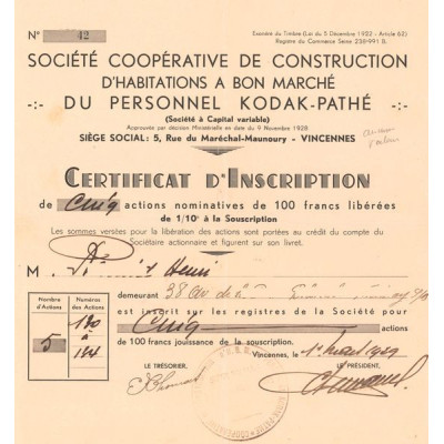 Sté Coopérative de Construction d'Habitations à Bon Marché du Personnel Kodak-Pathé (Certif d'Inscription Titre 05 Act 100 F)