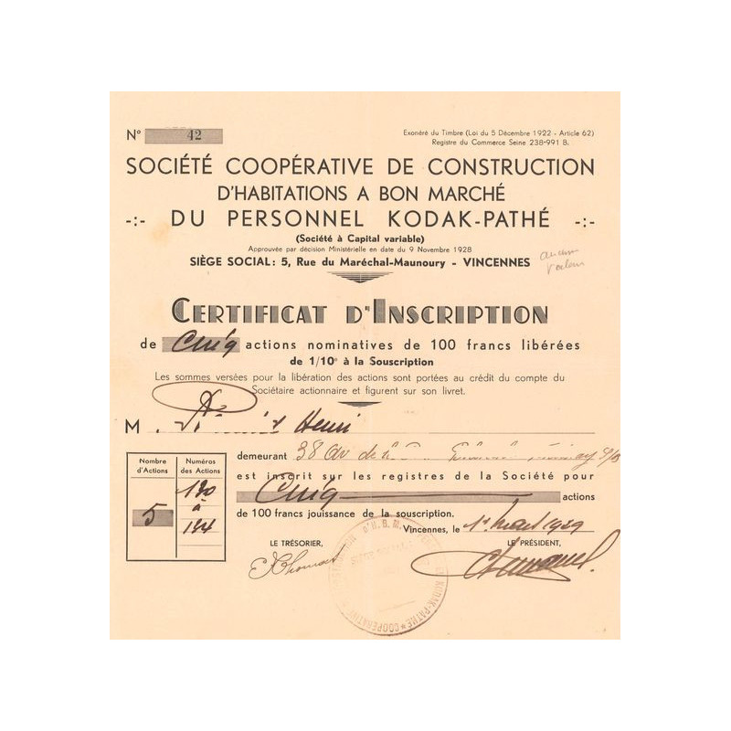 Sté Coopérative de Construction d'Habitations à Bon Marché du Personnel Kodak-Pathé (Certif d'Inscription Titre 05 Act 100 F)