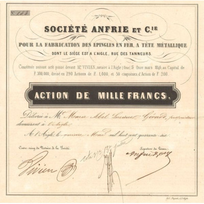 Sté Anfrie et Cie pour la Fabrication des Epingles en Fer à Tête Métallique (Act 1000 F)