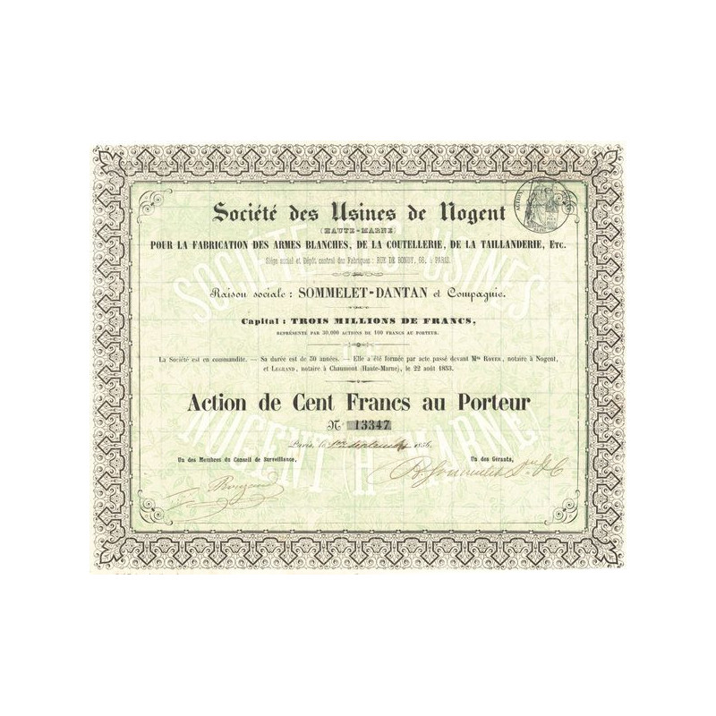 Sté des Usines de Nogent (Haute-Marne) pour la Fabrication des Armes Blanches de la Coutellerie de la Taillanderie Etc (Act 100 