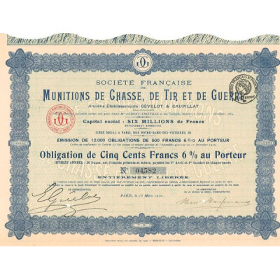 Sté Française des Munitions de Chasse de Tir et de Guerre - Anc Ets Gévelot & Gaupillat (Obl 500 F 6%)