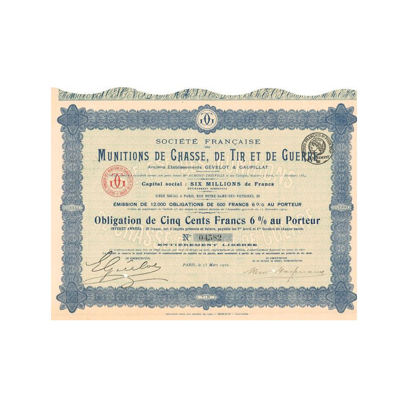 Sté Française des Munitions de Chasse de Tir et de Guerre - Anc Ets Gévelot & Gaupillat (Obl 500 F 6%)