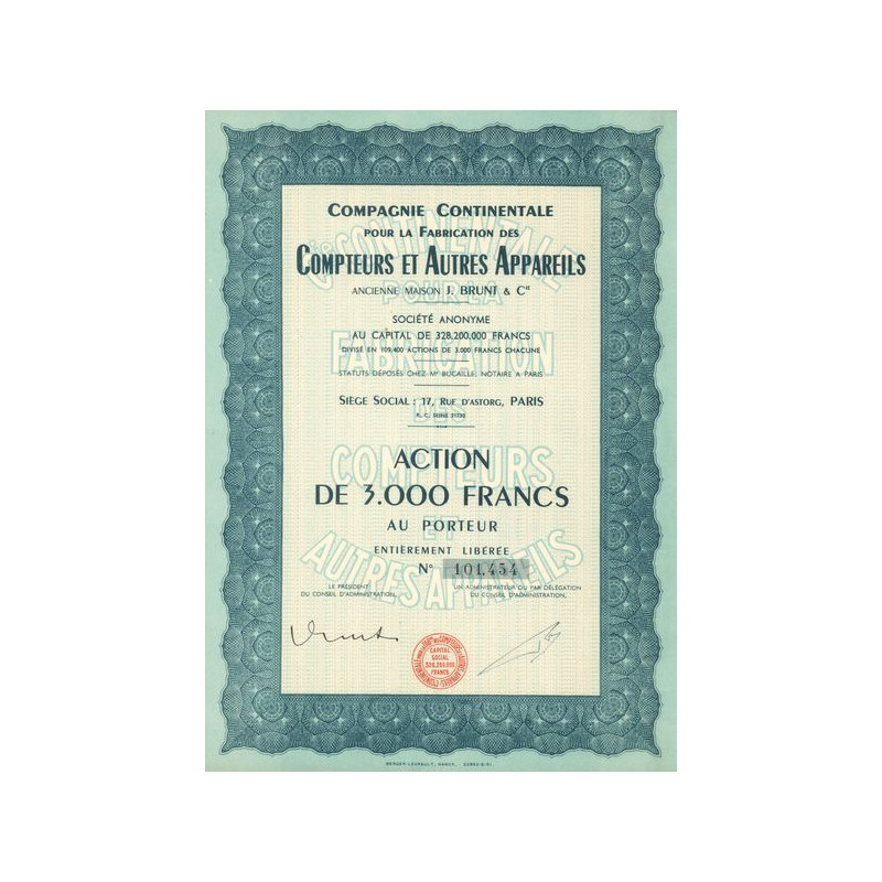 Cie Continentale pour la Fabrication des Compteurs et Autres Appareils - Ancienne Maison J. Brunt & Cie (Act 3000 F)