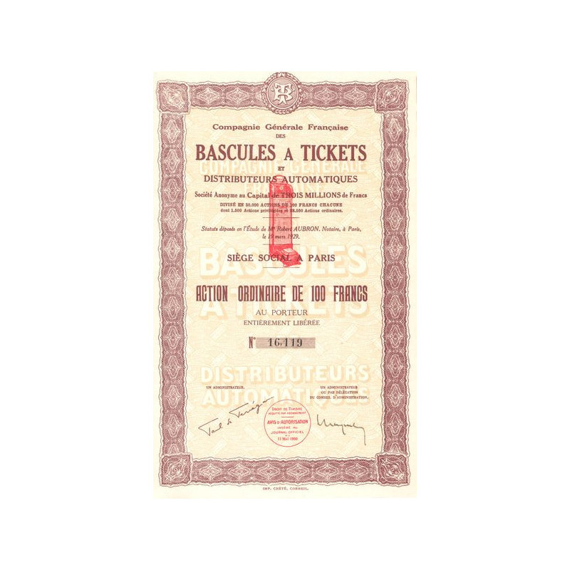 Cie Gale Française des Bascules à Tickets et Distributeurs Automatiques (Act O 100 F)