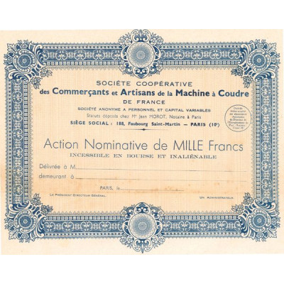 Sté Coopérative des Commerçants et Artisans de la Machine à Coudre de France (Act Nomin 1000 F)(Blanquette)