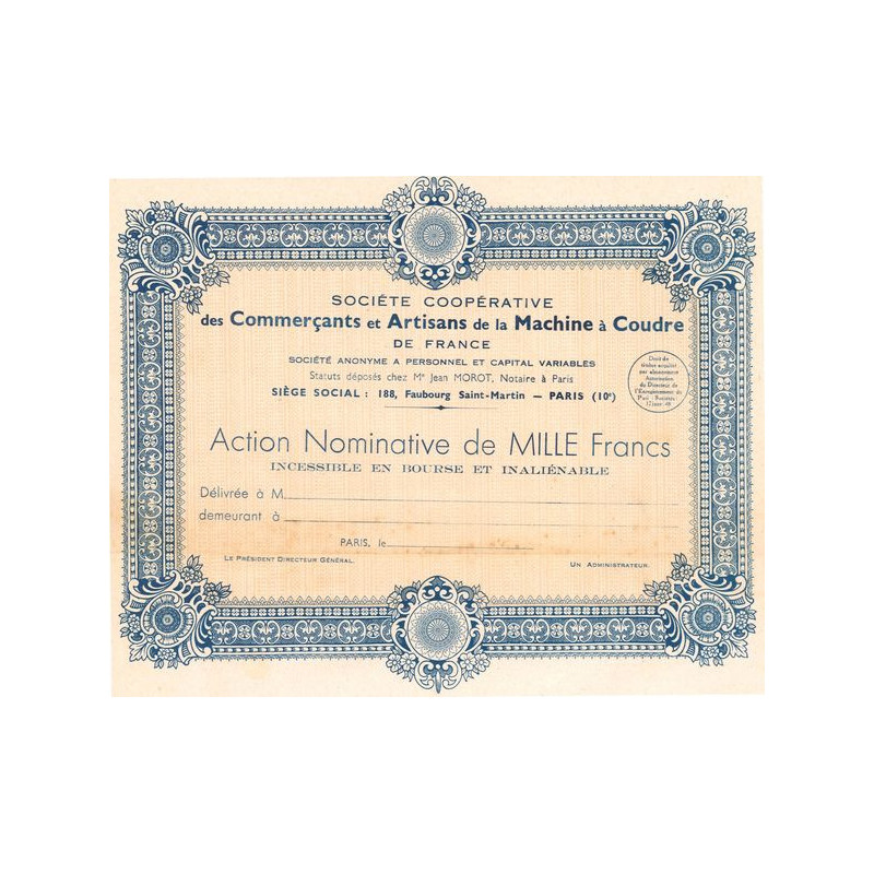 Sté Coopérative des Commerçants et Artisans de la Machine à Coudre de France (Act Nomin 1000 F)(Blanquette)