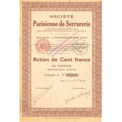 Sté Parisienne de Serrurerie (Act 100 F)