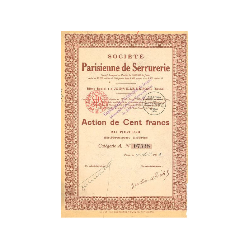 Sté Parisienne de Serrurerie (Act 100 F)