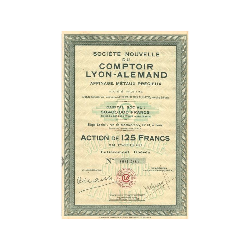 Sté Nouvelle du Comptoir Lyon-Alemand - Affinage. Métaux Précieux (Act 125 F)