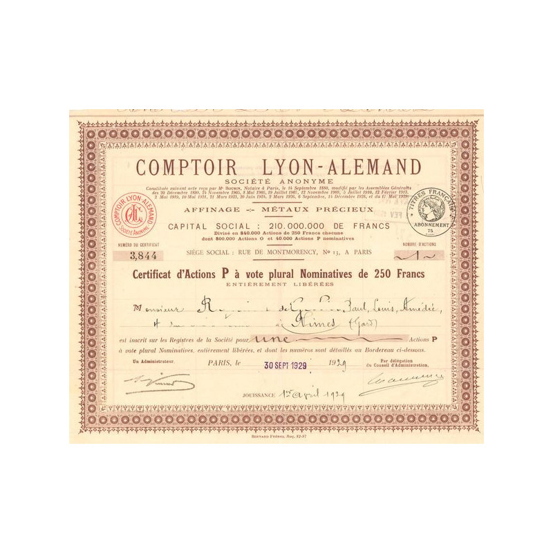 Comptoir Lyon-Alemand (Act Nomin "P" 250 F)