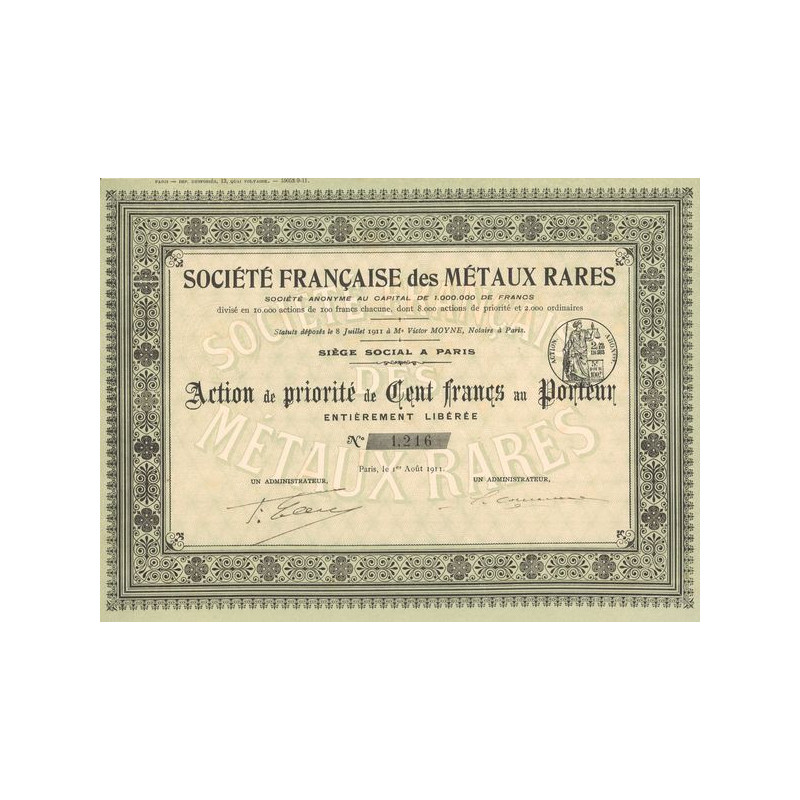 Sté Française des Métaux Rares (Act 100 F)