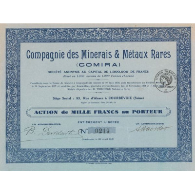 Cie des Minerais & Métaux Rares (Comira) (Act 1000 F)