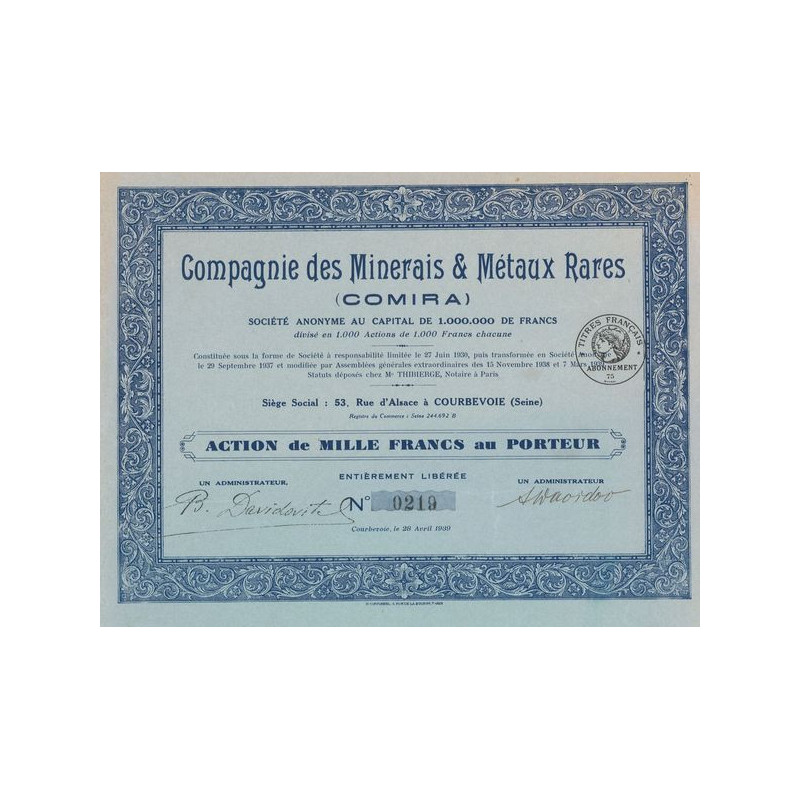 Cie des Minerais & Métaux Rares (Comira) (Act 1000 F)