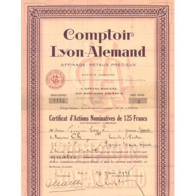 Comptoir Lyon-Alemand - Affinage. Métaux Précieux (Act Nomin 125 F)