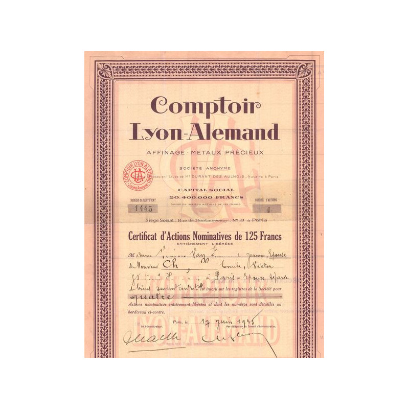 Comptoir Lyon-Alemand - Affinage. Métaux Précieux (Act Nomin 125 F)