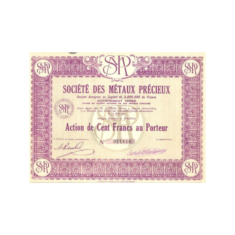 Sté des Métaux Précieux (Act 100 F)