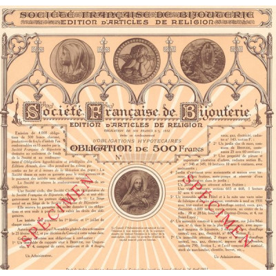 Sté Française de Bijouterie - Edition d'Articles de Religion (Obl 500 F 6%)(Specimen)