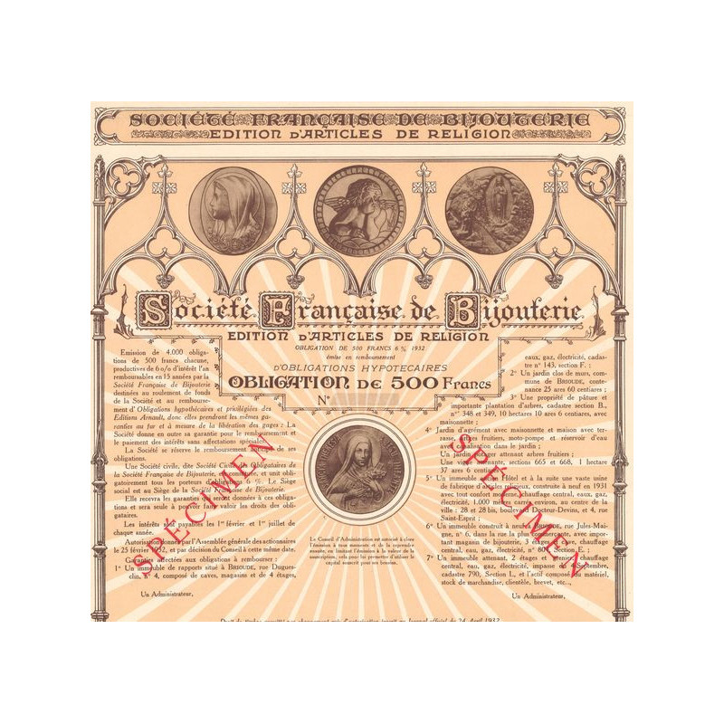 Sté Française de Bijouterie - Edition d'Articles de Religion (Obl 500 F 6%)(Specimen)