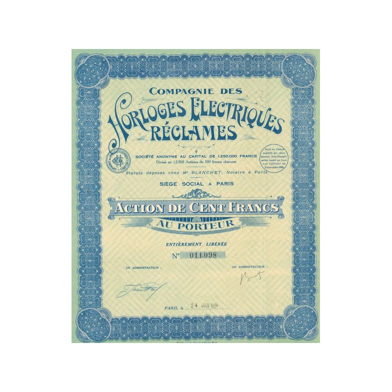 Cie des Horloges Electriques Réclames (Act 100 F)