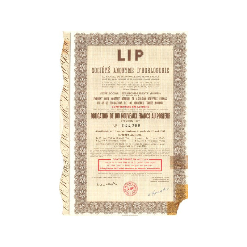 LIP S.A. d'Horlogerie (Obl 100 NF)