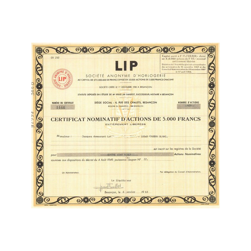 LIP S.A. d'Horlogerie (Act Nomin 5000 F) (Grand Modele)